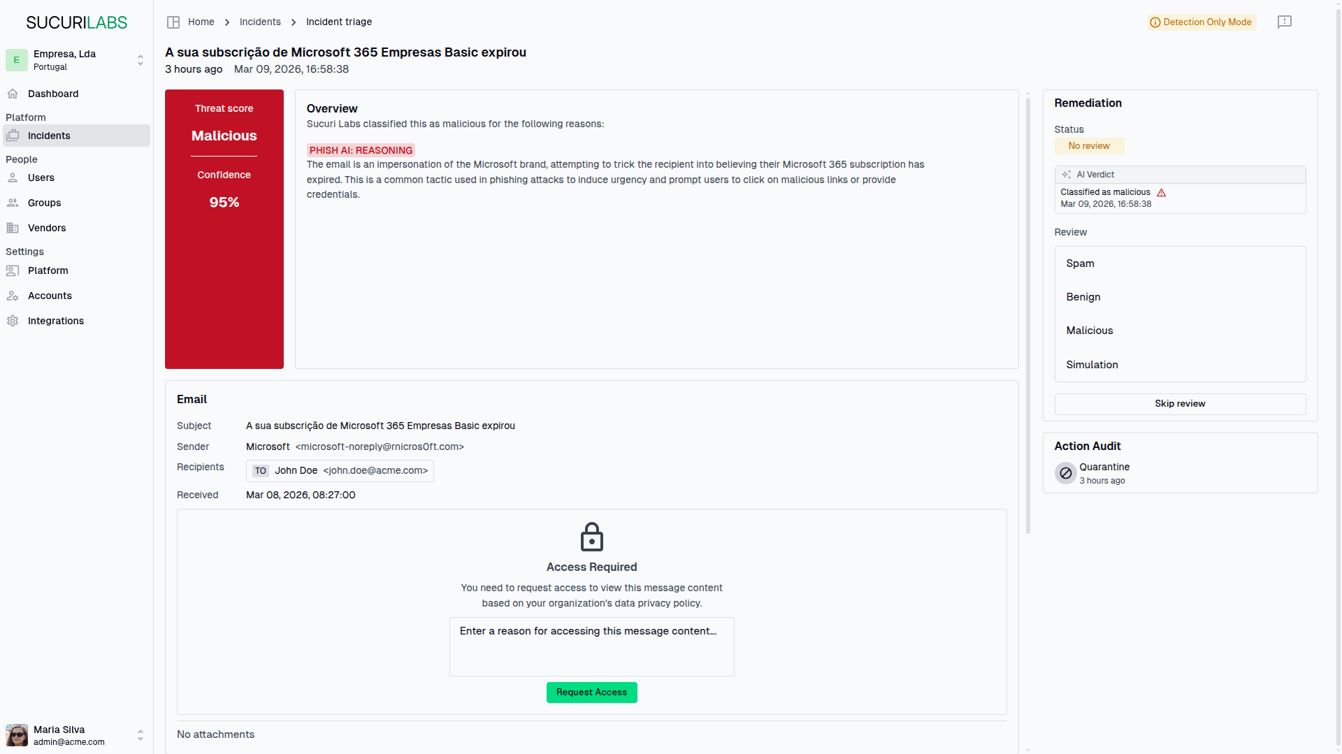 CyberHook incident and compromised account dashboard