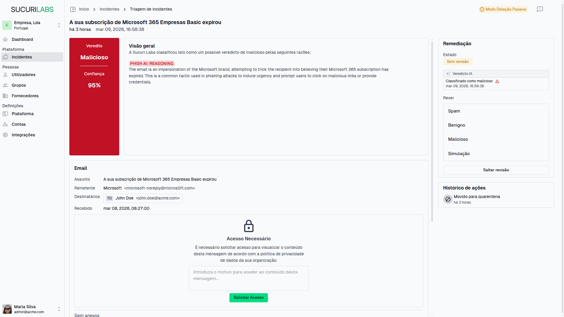 Painel de incidentes e contas comprometidas do CyberHook