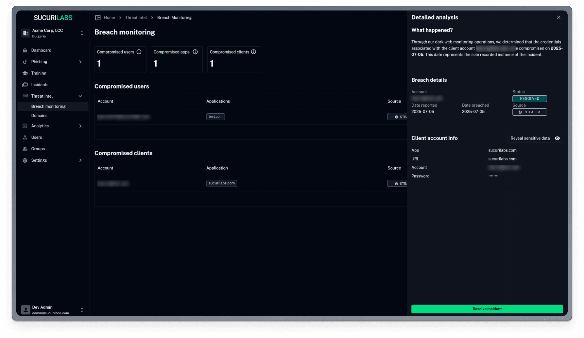 Screenshot Cyberhook Darkweb Monitoring Credential Details
