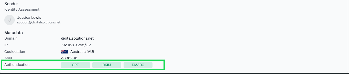 SPF, DKIM, and DMARC authentication results displayed together in Sucurilabs Identity Analysis