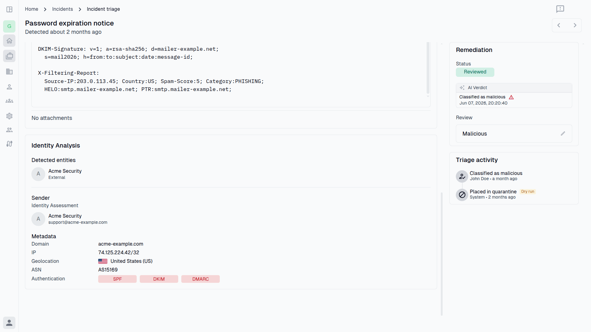 Sucurilabs Identity Analysis showing sender domain, source IP address, geolocation, ASN, and email authentication results