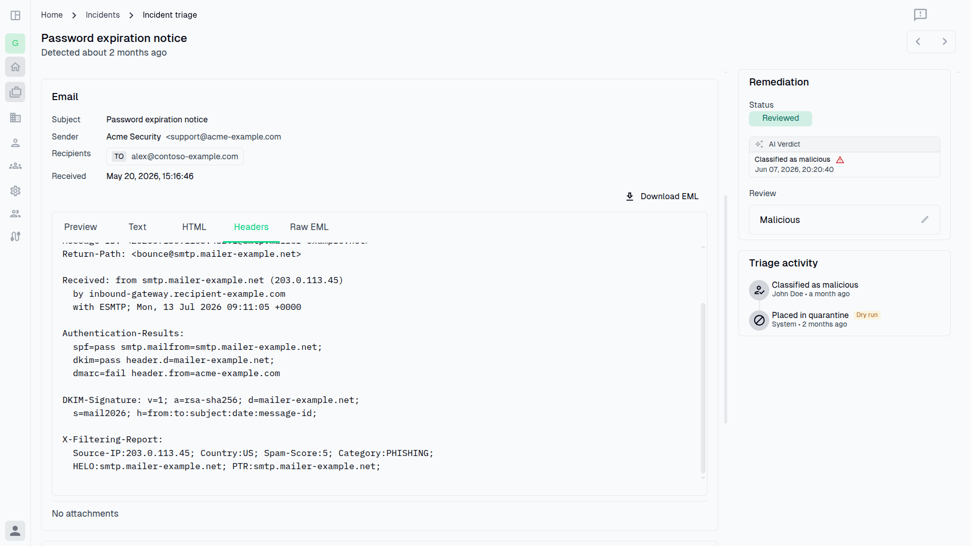 Structured sender, recipient, subject, and received timestamp fields in the Sucurilabs Headers tab