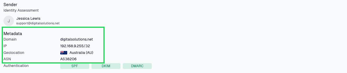 Structured email metadata in Sucurilabs showing the sender, recipient, subject, and delivery timestamp
