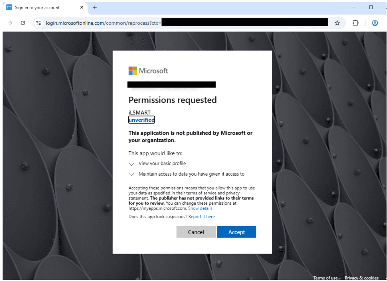 OAuth consent screen with app name, publisher, permissions, and redirect domain highlighted
