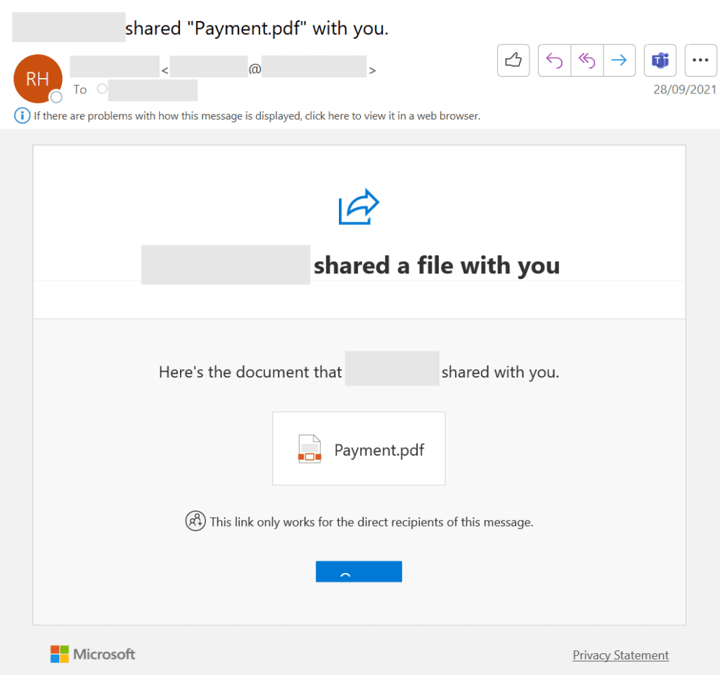 Example of a fake Microsoft document button