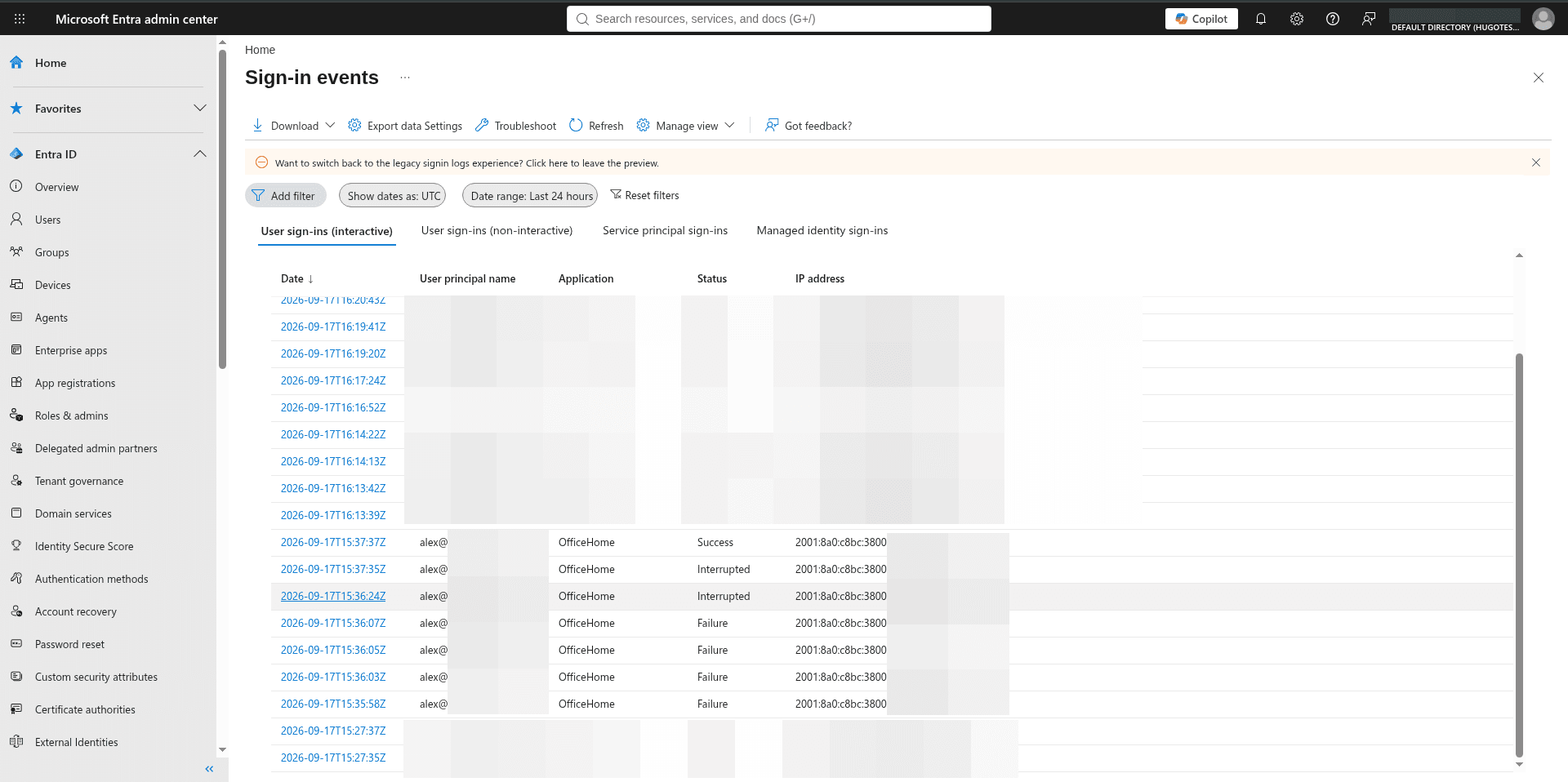Entra sign-in logs filtered to the user with failed and successful events visible