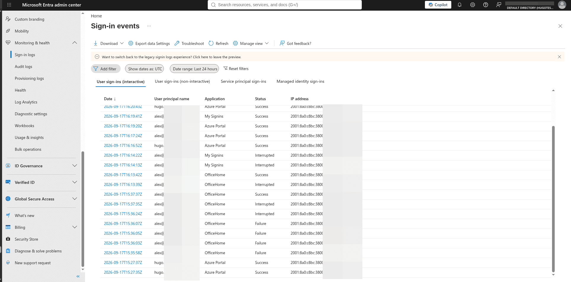 Log Analytics query results showing the suspicious user's events in chronological order