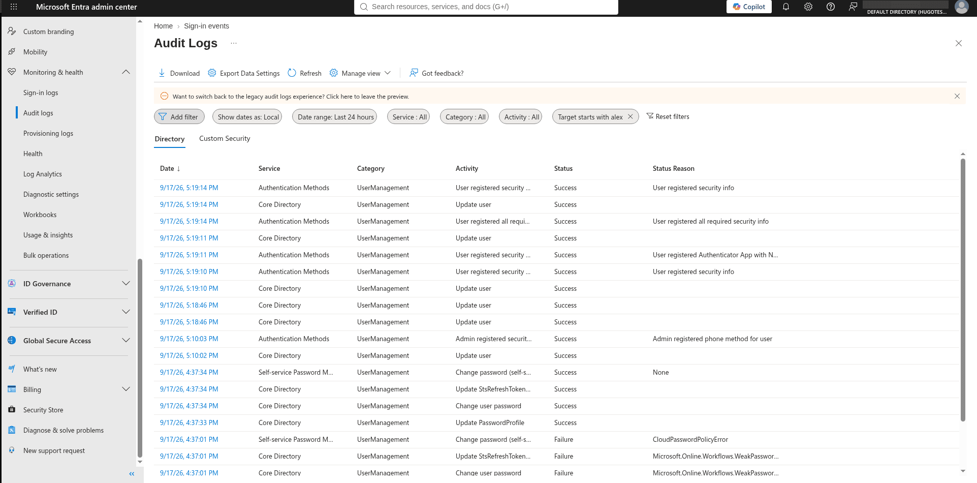 Entra audit logs filtered to authentication method changes after the suspicious sign-in